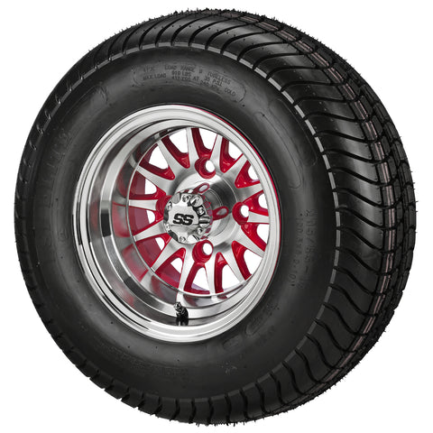 205/65-10 4Ply LSI Elite Tires on Red/Machined 14-Spoke Golf Cart Wheels