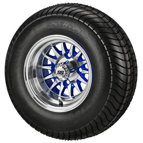 205/65-10 4Ply LSI Elite Tires on Blue/Machined 14-Spoke Golf Cart Wheels