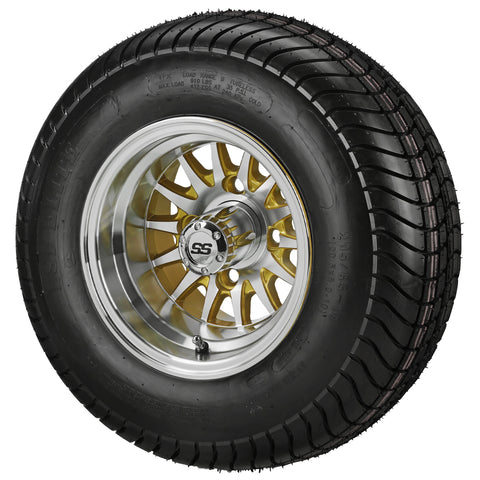 205/65-10 4Ply LSI Elite Tires on Gold/Machined 14-Spoke Golf Cart Wheels