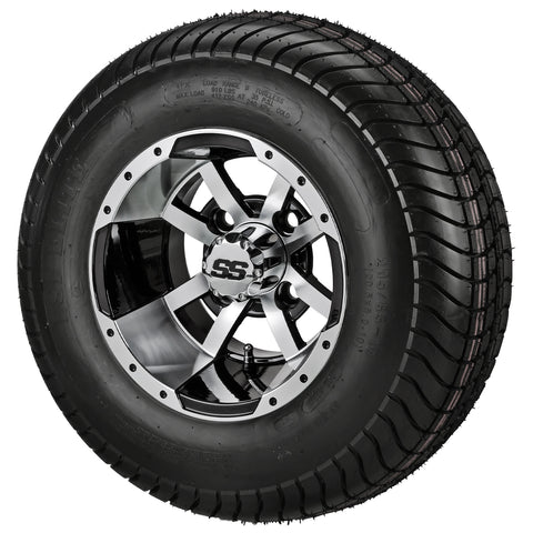 205/65-10 4Ply LSI Elite Tires on Black/Machined Maltese Cross Golf Cart Wheels