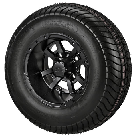 205/65-10 6Ply LSI Elite Tires on Matte Black Maltese Cross Golf Cart Wheels