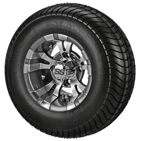 205/65-10 4Ply LSI Elite Tires on Gun Metal Gray/Machined Warlock Golf Cart Wheels
