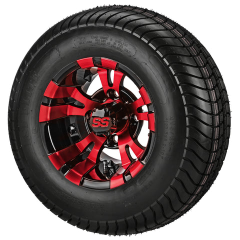 205/65-10 4Ply LSI Elite Tires on Red/Black Warlock Golf Cart Wheels