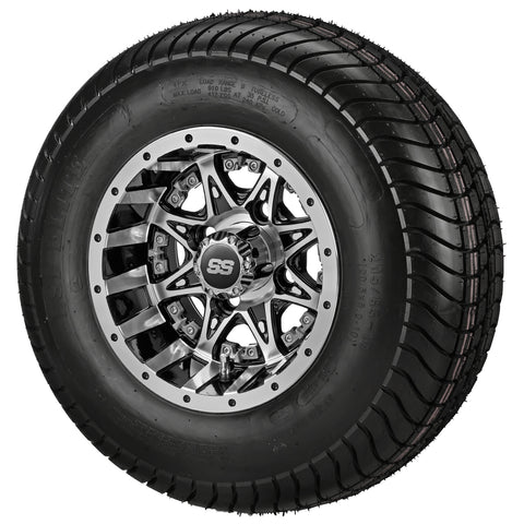 205/65-10 4Ply LSI Elite Tires on Black/Machined Revenge Golf Cart Wheels with Color Inserts
