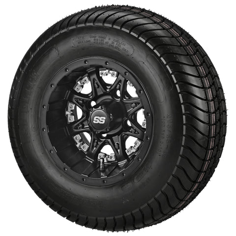 205/65-10 4Ply LSI Elite Tires on Matte Black Revenge Golf Cart Wheels with Color Inserts