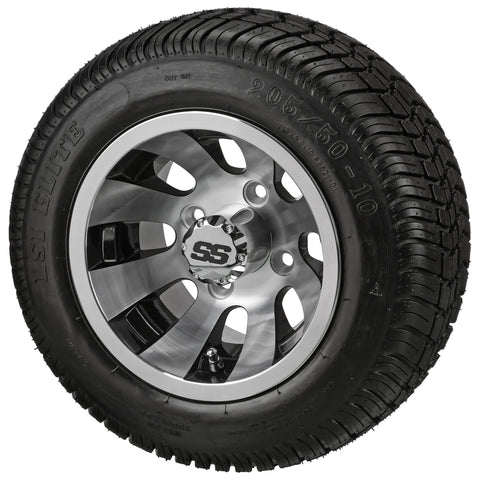 205/50-10 LSI Elite Tires on Black/Machined Gunslinger Golf Cart Wheels