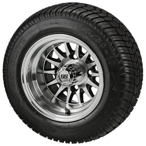 205/50-10 LSI Elite Tires on 14-Spoke Black/Machined Golf Cart Wheels