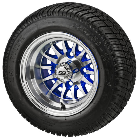 205/50-10 LSI Elite Tires on 14-Spoke Blue/Machined Golf Cart Wheels