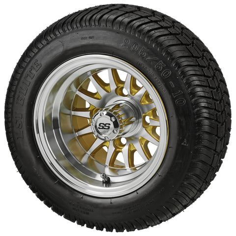 205/50-10 LSI Elite Tires on 14-Spoke Gold/Machined Golf Cart Wheels