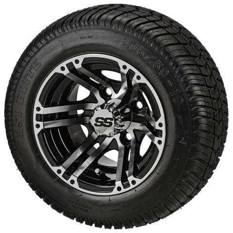 205/50-10 LSI Elite Tires on Black/Machined Yukon Golf Cart Wheels