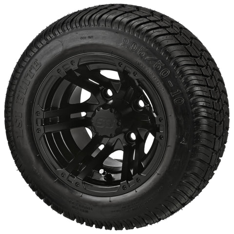 205/50-10 LSI Elite Tires on Matte Black Yukon Golf Cart Wheels