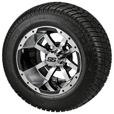 205/50-10 LSI Elite Tires on Black/Machined Maltese Cross Golf Cart Wheels