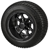 205/50-10 LSI Elite Tires on Matte Black Maltese Cross Golf Cart Wheels
