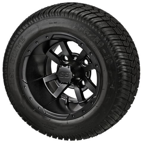 205/50-10 LSI Elite Tires on Matte Black Maltese Cross Golf Cart Wheels