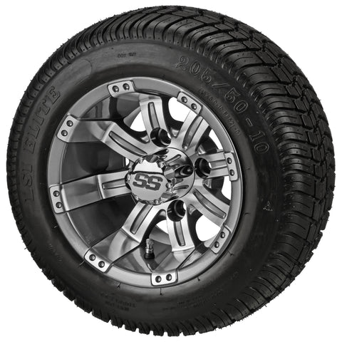 205/50-10 LSI Elite Tires on Gun Metal Gray/Machined Casino Golf Cart Wheels