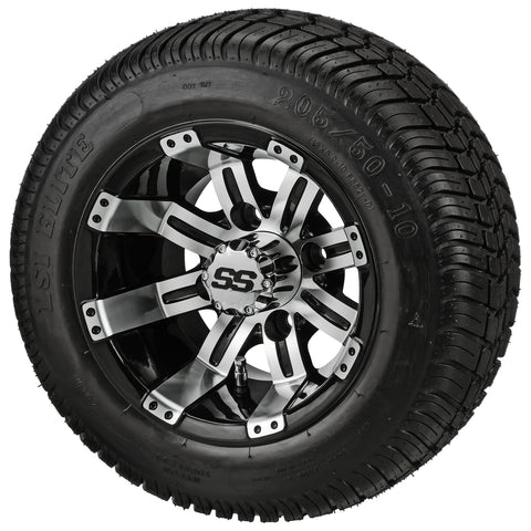 205/50-10 LSI Elite Tires on Black/Machined Casino Golf Cart Wheels