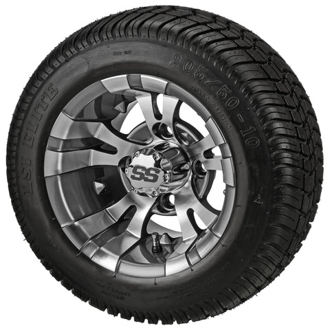 205/50-10 LSI Elite Tires on Gun Metal Gray/Machined Warlock Golf Cart Wheels