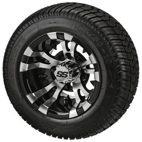 205/50-10 LSI Elite Tires on Black/Machined Warlock Golf Cart Wheels
