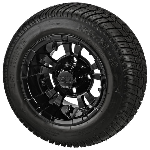 205/50-10 LSI Elite Tires on Gloss Black Warlock Golf Cart Wheels
