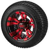205/50-10 LSI Elite Tires on Red/Black Warlock Golf Cart Wheels