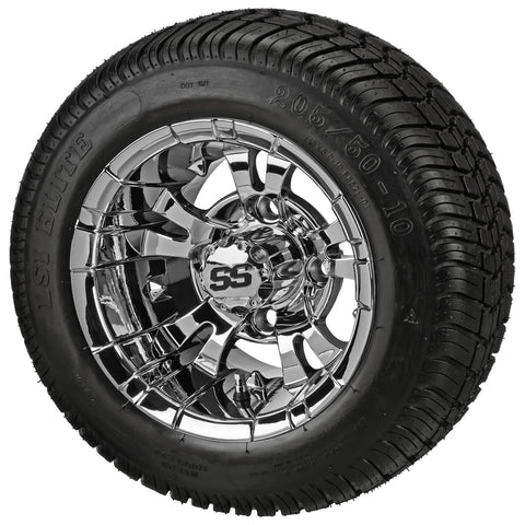 205/50-10 LSI Elite Tires on Mirror Warlock Golf Cart Wheels
