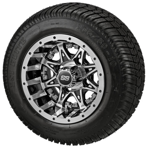 205/50-10 LSI Elite Tires on Black/Machined Revenge Golf Cart Wheels with Color Inserts
