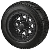 205/50-10 LSI Elite Tires on Matte Black Revenge Golf Cart Wheels with Color Inserts