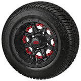 205/50-10 LSI Elite Tires on Matte Black Revenge Golf Cart Wheels with Color Inserts