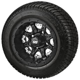 205/50-10 LSI Elite Tires on Matte Black Revenge Golf Cart Wheels with Color Inserts