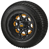 205/50-10 LSI Elite Tires on Matte Black Revenge Golf Cart Wheels with Color Inserts