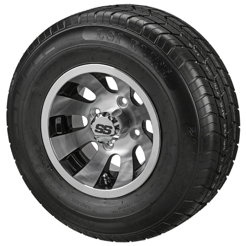 205/65R10 LSI Elite Radial Tires on Black/Machined Gunslinger Golf Cart Wheels