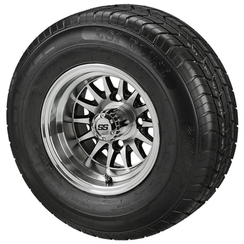 205/65R10 LSI Elite Radial Tires on Black/Machined 14-Spoke Golf Cart Wheels