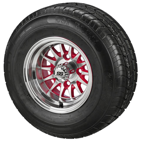 205/65R10 LSI Elite Radial Tires on Red/Machined 14-Spoke Golf Cart Wheels