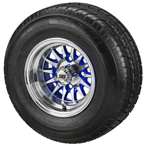 205/65R10 LSI Elite Radial Tires on Blue/Machined 14-Spoke Golf Cart Wheels
