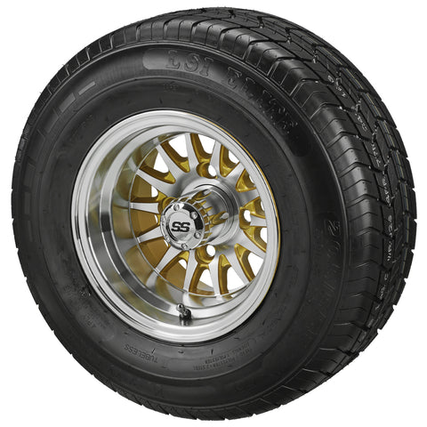 205/65R10 LSI Elite Radial Tires on Gold/Machined 14-Spoke Golf Cart Wheels