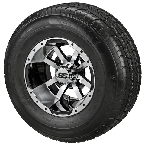 205/65R10 LSI Elite Radial Tires on Black/Machined Maltese Cross Golf Cart Wheels