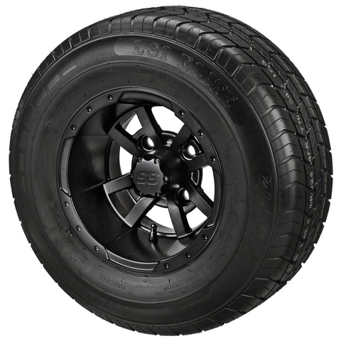 205/65R10 LSI Elite Radial Tires on Matte Black Maltese Cross Golf Cart Wheels