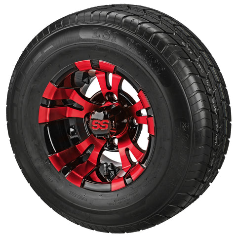 205/65R10 LSI Elite Radial Tires on Red/Black Warlock Golf Cart Wheels