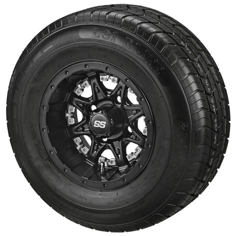 205/65R10 LSI Elite Radial Tires on Matte Black Revenge Golf Cart Wheels with Color Inserts