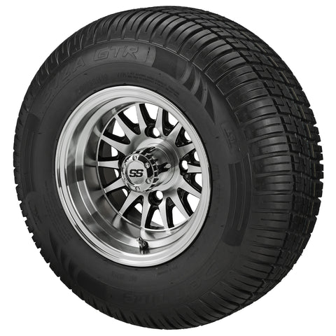 205/65R10 Deli Radial Tires on Black/Machined 14-Spoke Golf Cart Wheels