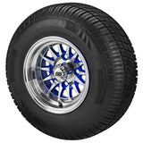 205/65R10 Deli Radial Tires on Blue/Machined 14-Spoke Golf Cart Wheels