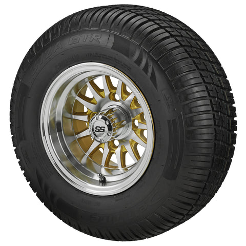 205/65R10 Deli Radial Tires on Gold/Machined 14-Spoke Golf Cart Wheels