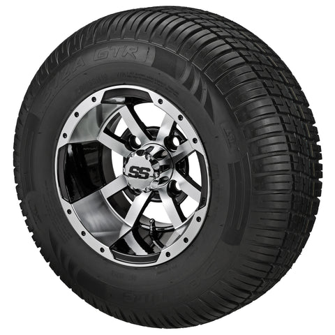 205/65R10 Deli Radial Tires on Black/Machined Maltese Cross Golf Cart Wheels