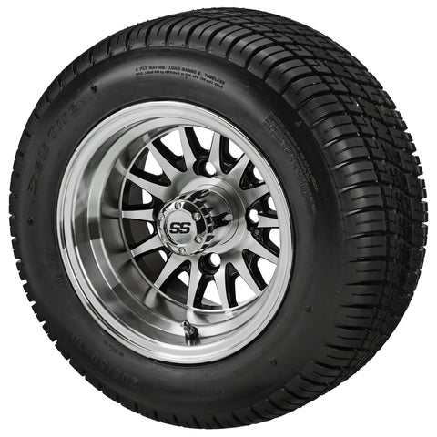 205/50-10 Deli Tires on Black/Machined 14-Spoke Golf Cart Wheels