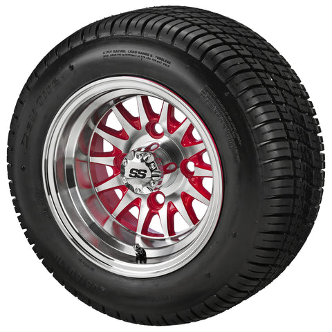 205/50-10 Deli Tires on Red/Machined 14-Spoke Golf Cart Wheels