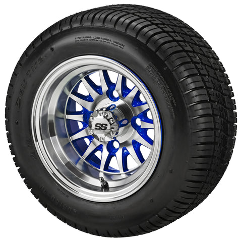 205/50-10 Deli Tires on Blue/Machined 14-Spoke Golf Cart Wheels
