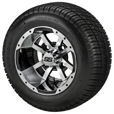 205/50-10 Deli Tires on Black/Machined Maltese Cross Golf Cart Wheels