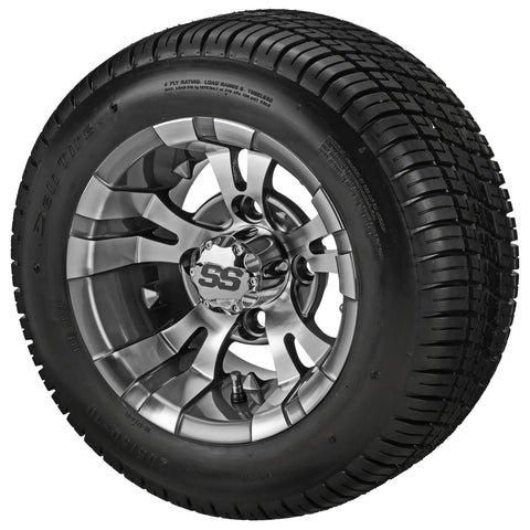 205/50-10 Deli Tires on Gun Metal Gray/Machined Warlock Golf Cart Wheels