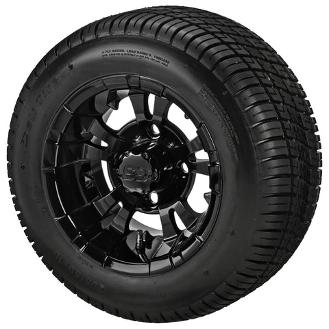 205/50-10 Deli Tires on Gloss Black Warlock Golf Cart Wheels