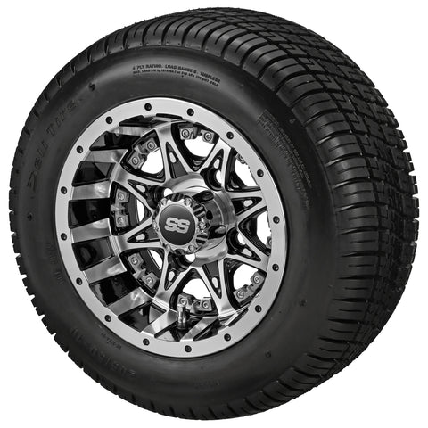 205/50-10 Deli Tires on Black/Machined Revenge Golf Cart Wheels with Color Inserts